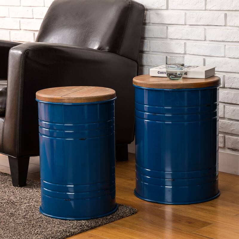 Glitzhome Industrial Farmhouse Round Storage Side Tables (Set of 2) - Navy Blue