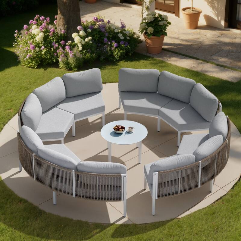 Outdoor Patio Furniture All-Weather Aluminum PE Rattan Wicker Half Round Curved Sofa Sectional Set - 8-Seats+1-Table - Light Grey