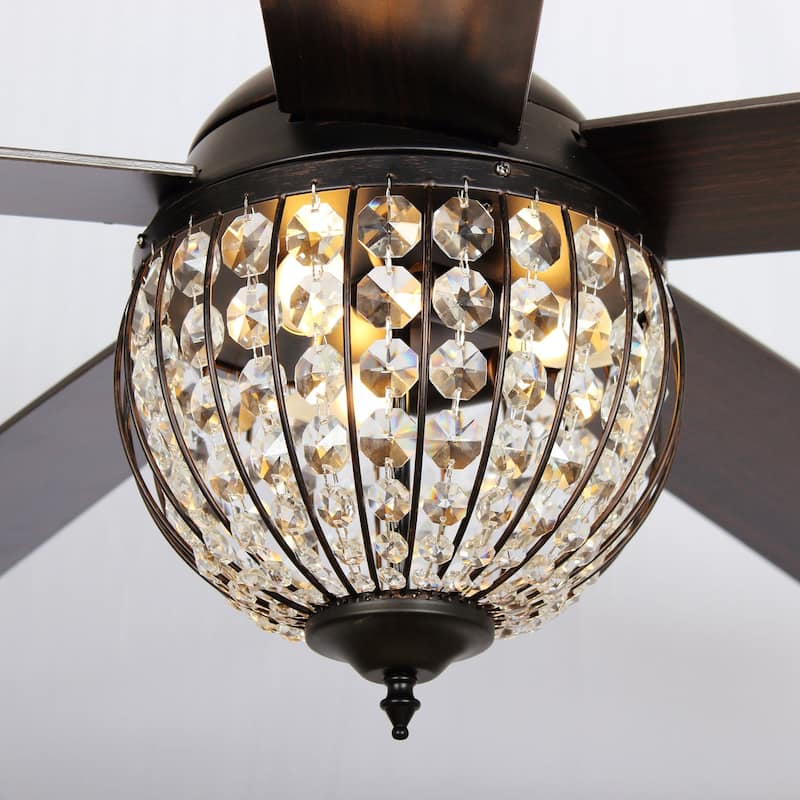 52" Industrial Black Wood 5-blade Crystal Ceiling Fan with Remote