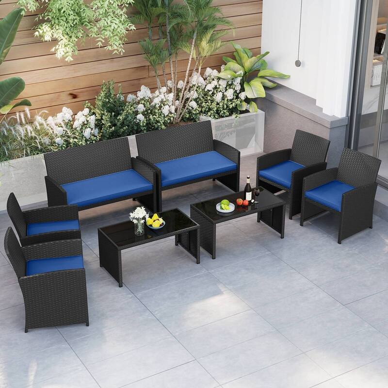 Gymax Set of 8 Patio Conversation Set w/Seat Cushions & Tempered Glass
