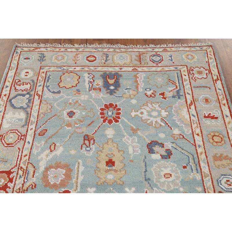 Light Blue Oushak Style Area Rug Hand-Knotted Wool Carpet - 4'2"x 5'11"