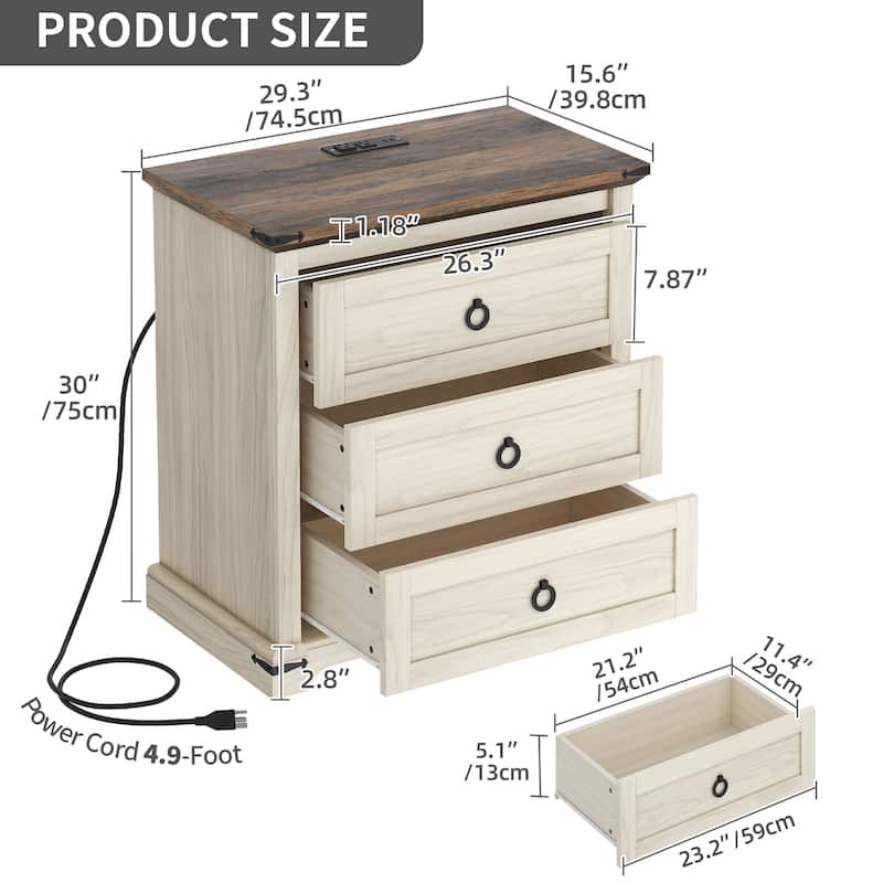 Moasis Classic 3 Drawers Nightstand with Charging Station and Power Outlet