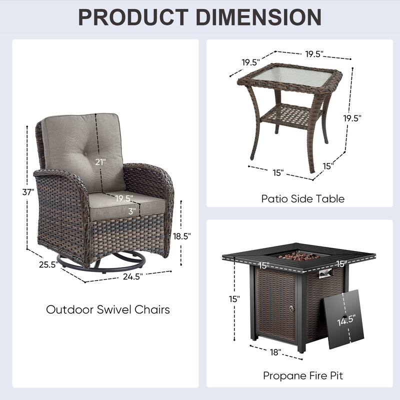 Patio Sofa Swivel Chair with Propane Fire Pit Table