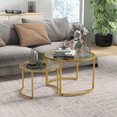 Coffee Table Set of 2, Modern Nesting Tables with Glass Top