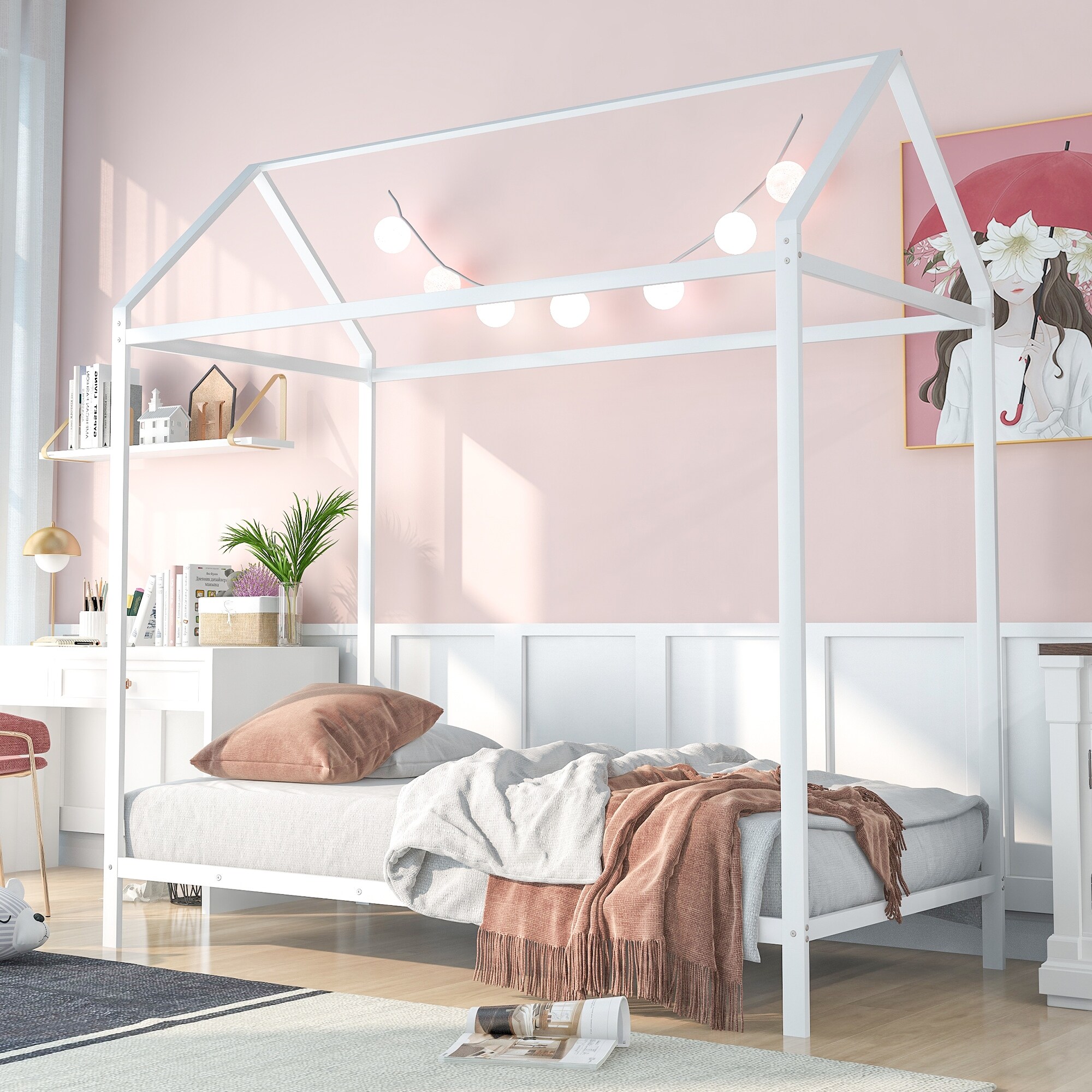 Twin Size House Bed for Kids Montessori Bed Frame Metal Platform Bed Floor Bed for Boys Girls No Box Spring Needed White Bed Bath Beyond 37932911
