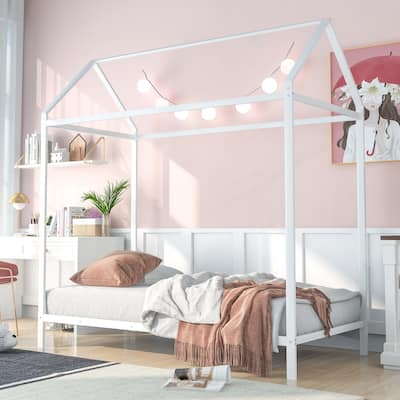Twin Size Metal House Frame Platform Bed with Floor for Kids, Boys and Girls