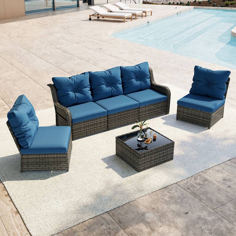 5-Person Outdoor Wicker Patio Conversation Sets with Table and Cushion