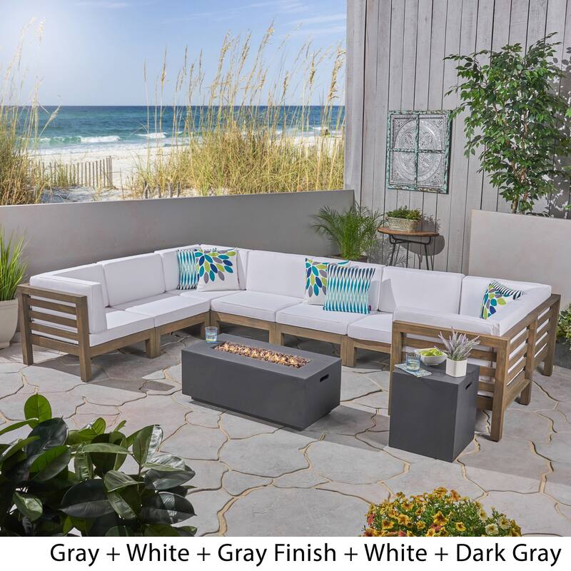 Oana Outdoor U-shaped 8-seat Acacia Sectional Sofa Set w/ Fire Pit by Christopher Knight Home