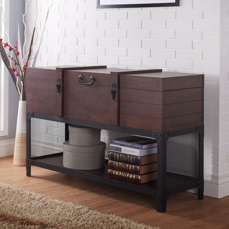 DH BASIC Vintage Trunk Style 47" Storage Console Table by Denhour - Vintage Walnut/Black