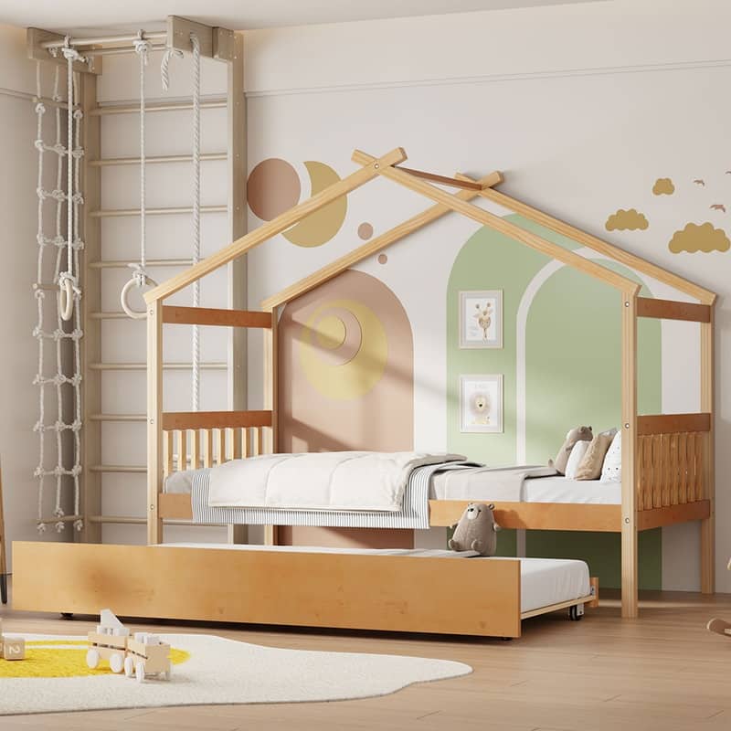 Twin Size Wooden House Bed with Twin Size Trundle - Natural