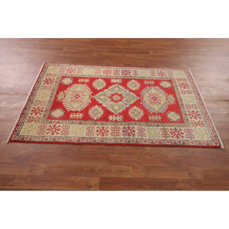 Geometric Red Kazak Oriental Accent Rug Handmade Wool Carpet - 3'3" x 5'0"