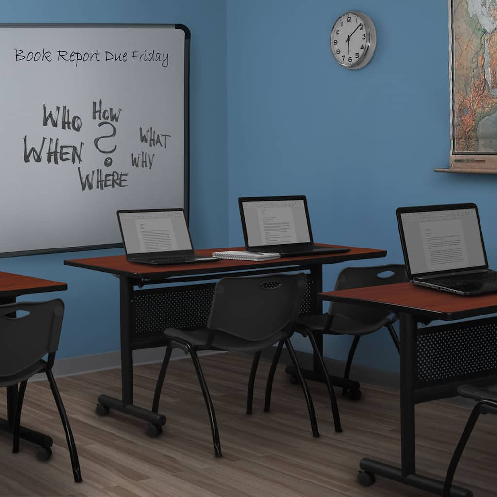 60" x 30" Flip Top Mobile Training Table with Modesty Panel- Cherry and 2 "M" Stack Chairs- Black