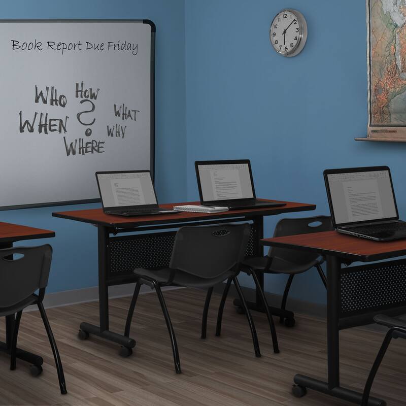 72" x 24" Flip Top Mobile Training Table with Modesty Panel- Cherry and 2 "M" Stack Chairs- Black