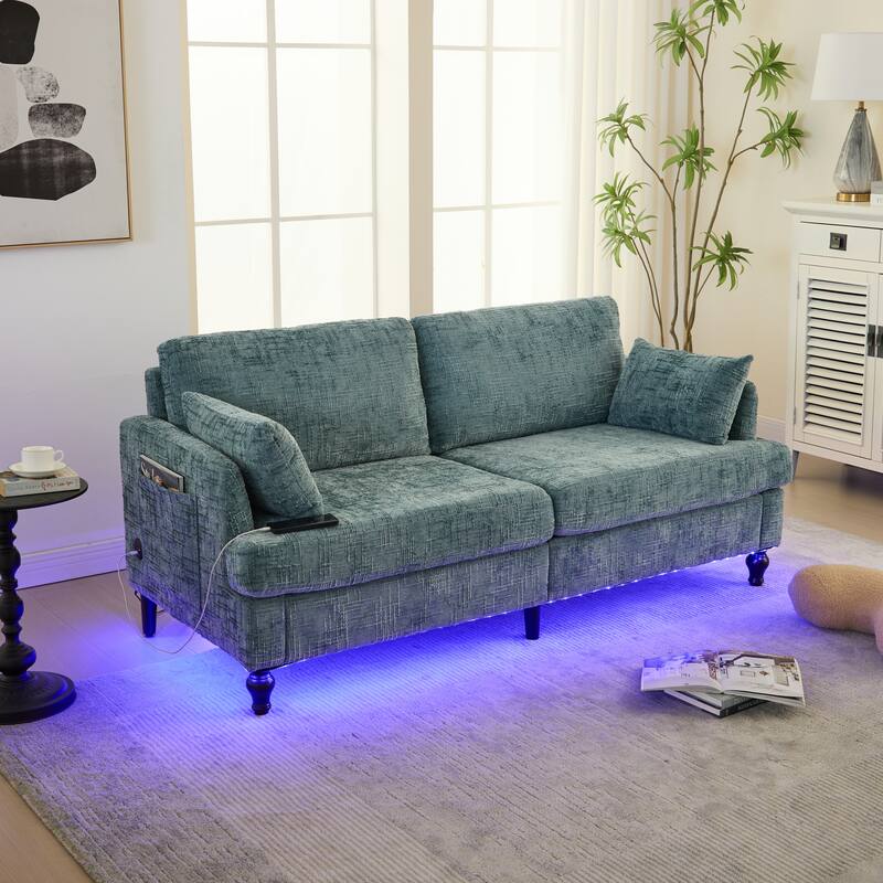 Modern Style Chenille 2-Seater Wood-Legged Sofa With Led Light,USB Charging Port And Storage Bag Living Room Bedroom Study Room