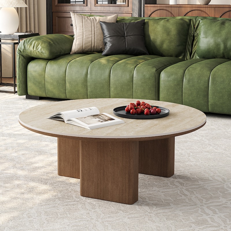 35.4'' Mid-Century Modern Round Coffee Table with Stone Countertop, Stain-Resistant Center Table for Living Room