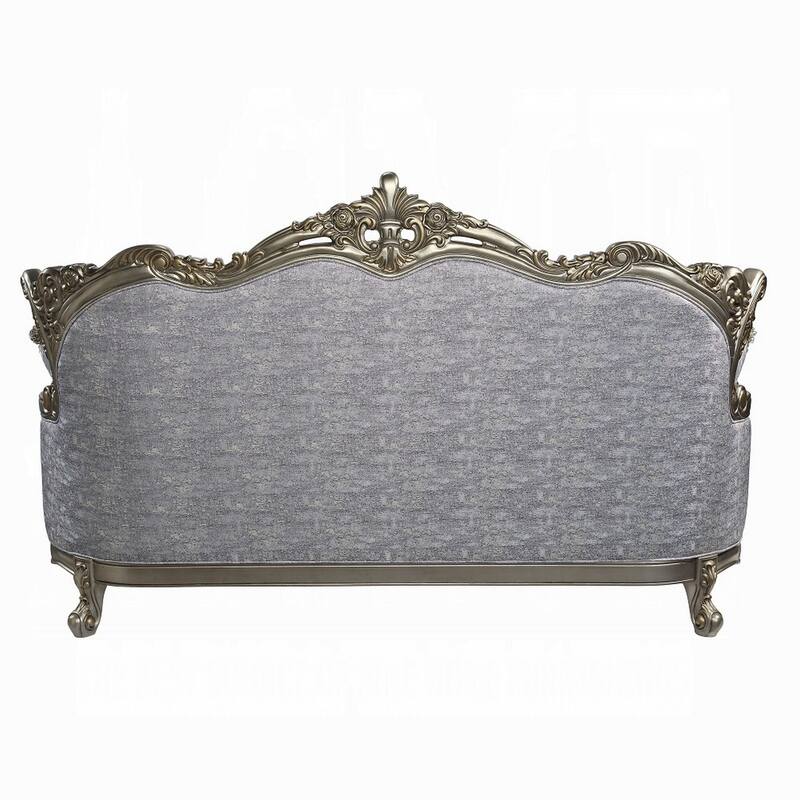Royale Sofa, 5 Throw Pillows, Gray Fabric, Antique Bronze Wood 91 Inch