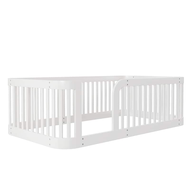 Wood Twin/Full Size Wood Floor Bed Frame with Fence