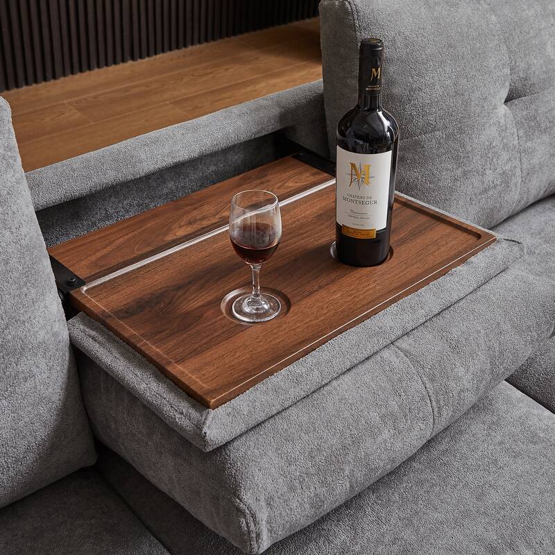 109" Modern 4 Seaters Towelling Sectional Sofa with Hidden Coffee Table Adjustable Headrest and Large Storage Space