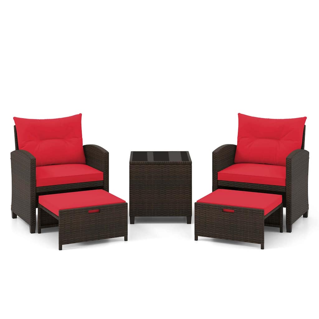 Gymax Set of 5 Rattan Furniture w/ 2 Wicker Ottomans & Tempered Glass