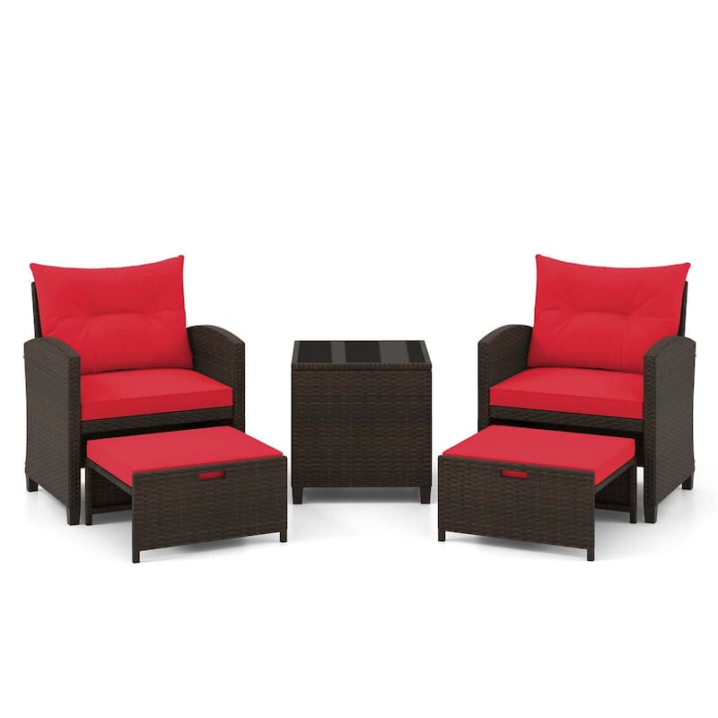 Gymax Set of 5 Rattan Furniture w/ 2 Wicker Ottomans & Tempered Glass - Red
