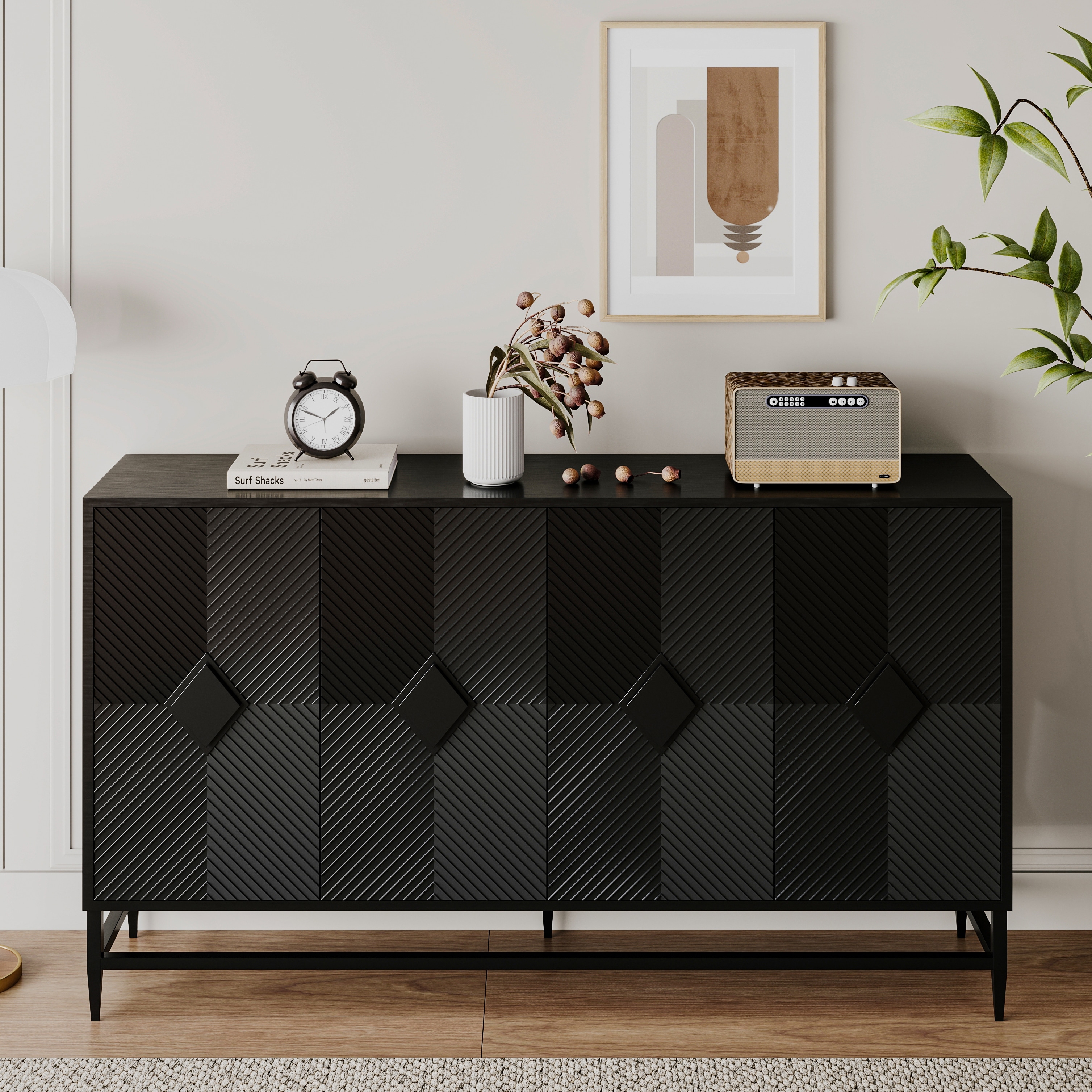 Accent Black Lacquered 4 Door Wooden Cabinet Sideboard Buffet Server Cabinet Storage Cabinet with Metal Legs