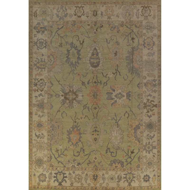 Hand Knotted Oriental 100% Wool Carpet Transitional All-Over Green Oushak Area Rug - 12' 1'' X 8' 11''