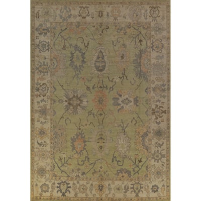 Hand Knotted Oriental 100% Wool Carpet Transitional All-Over Green Oushak Area Rug - 12' 1'' X 8' 11''