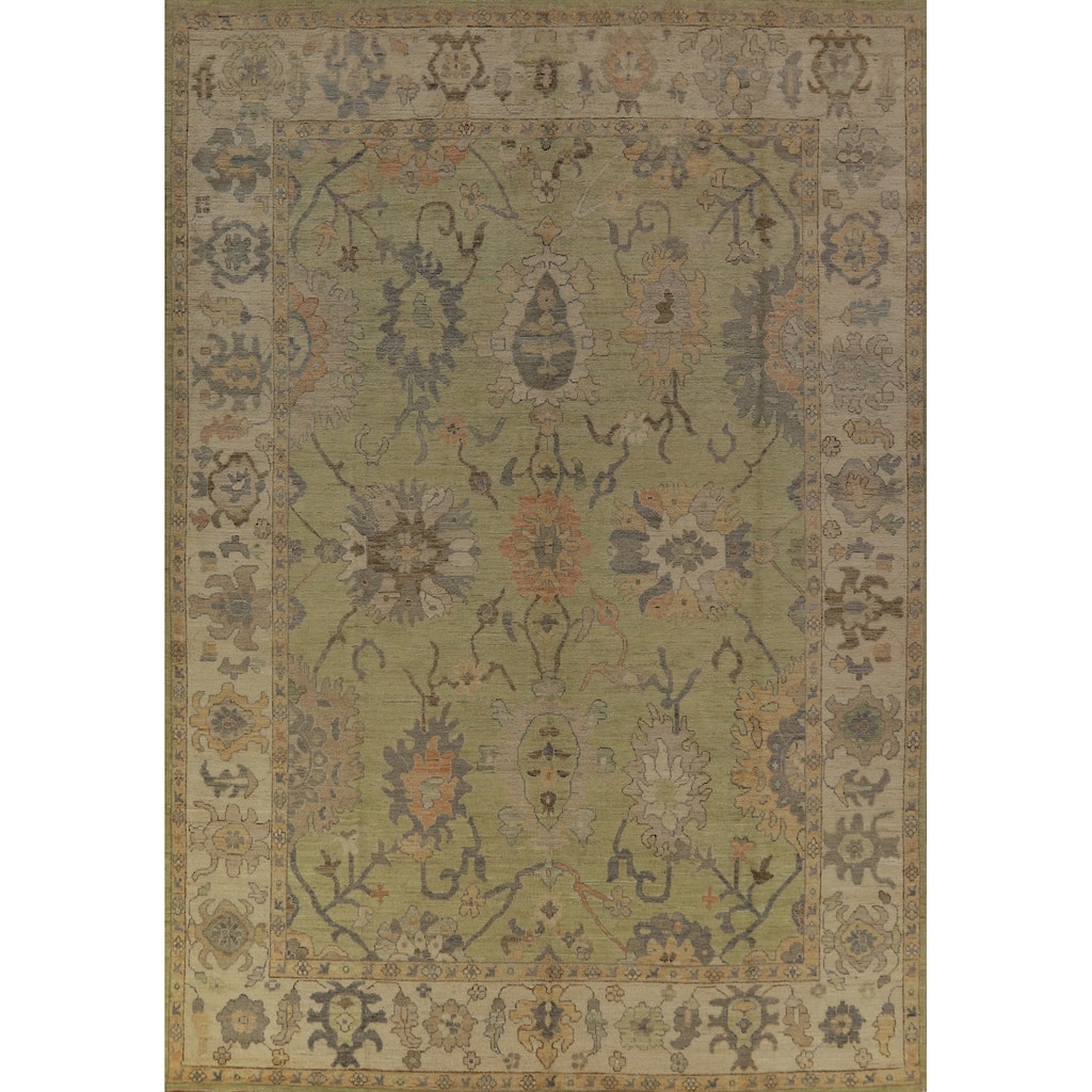 Hand Knotted Oriental 100% Wool Carpet Transitional All-Over Green Oushak Area Rug - 12' 1'' X 8' 11''