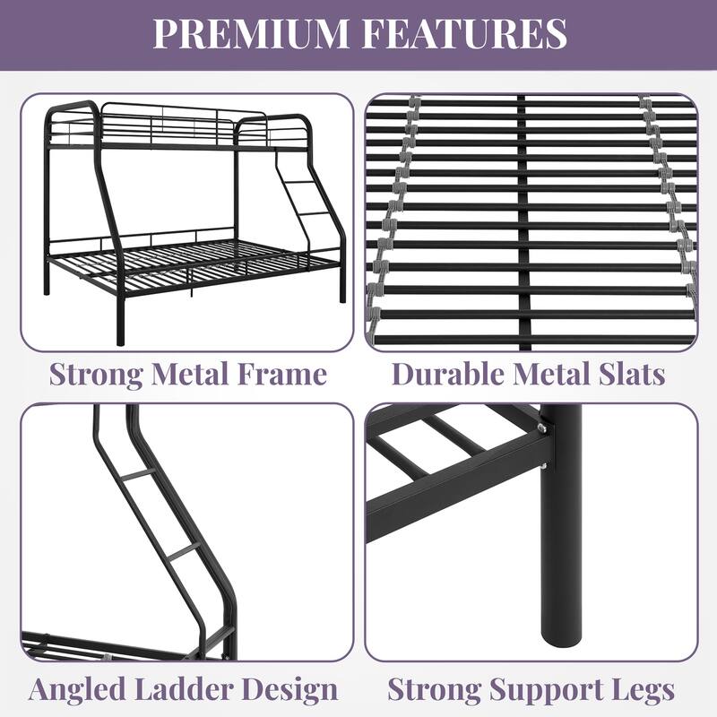 Twin Over Full Metal Bunk Bed - Heavy-Duty Bunk Bed Frame with Safety Guardrails, Angled Ladder & Underbed Storage