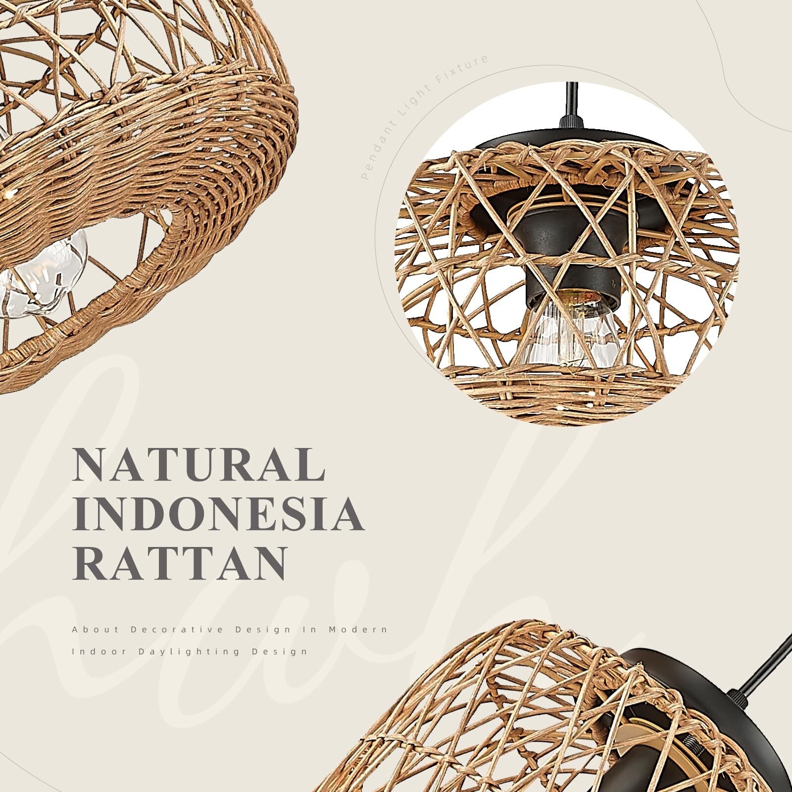 3-Light Rattan Cluster Pendant Light, Wicker Chandelier