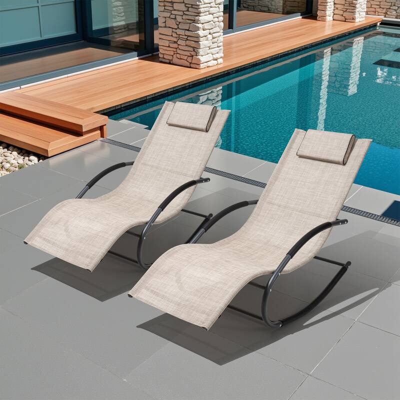 Outdoor Patio Rocking Chairs Curved Rocker Chaise Lounge Chairs (Set of 2) - 57.87" L x 24.70" W x 35.43" H - Beige