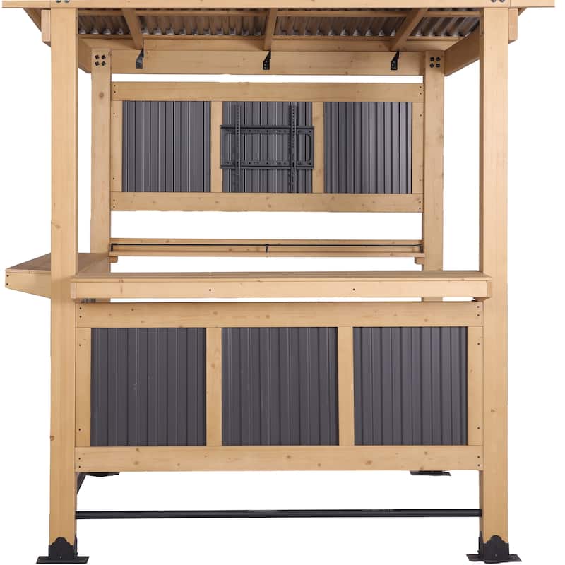 Cedar Wood Outdoor Bar Gazebo with PVC Roof, 85" x 76" Backyard Pavilion with TV Mount, Double Bar Counte