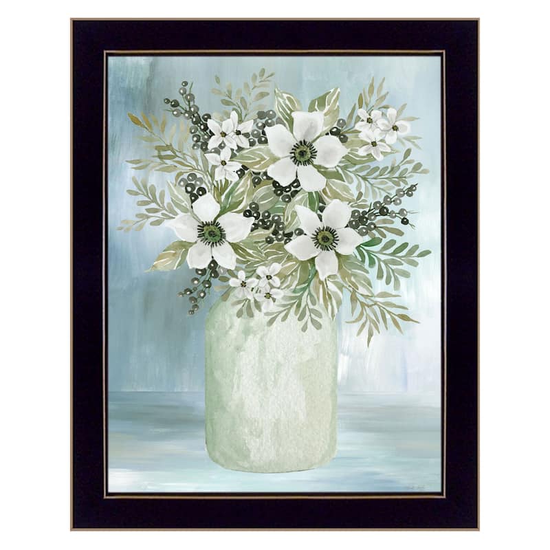 TrendyDecor4U Farmhouse "White Blooms I" Framed Print Wall Art - Black