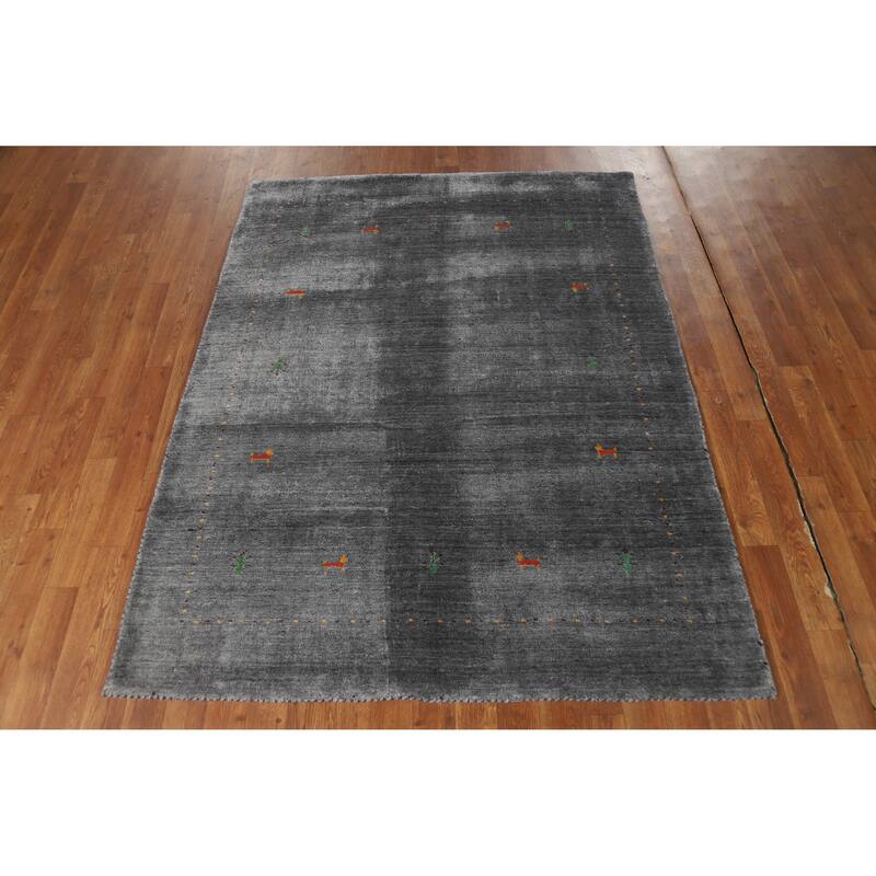 Hand Knotted Oriental 100% Wool Carpet Tribal Animal Pictorial Greys & Charcoal Gabbeh Area Rug - 5' 9'' X 4' 5''