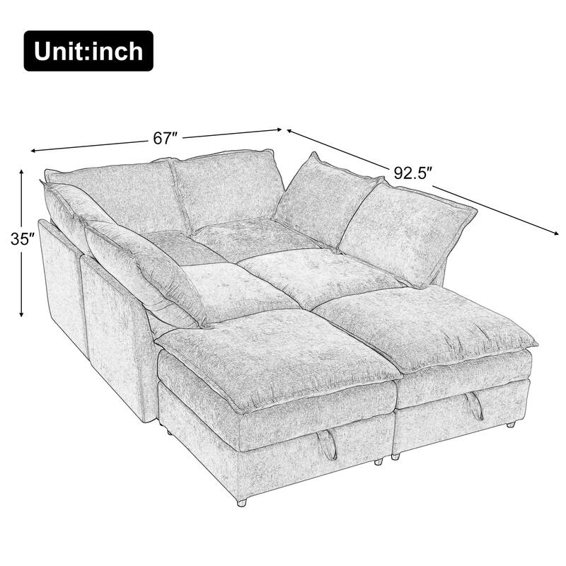 126" 6-Piece Modular Sofa Bed with Storage and Double-Layer Cushions