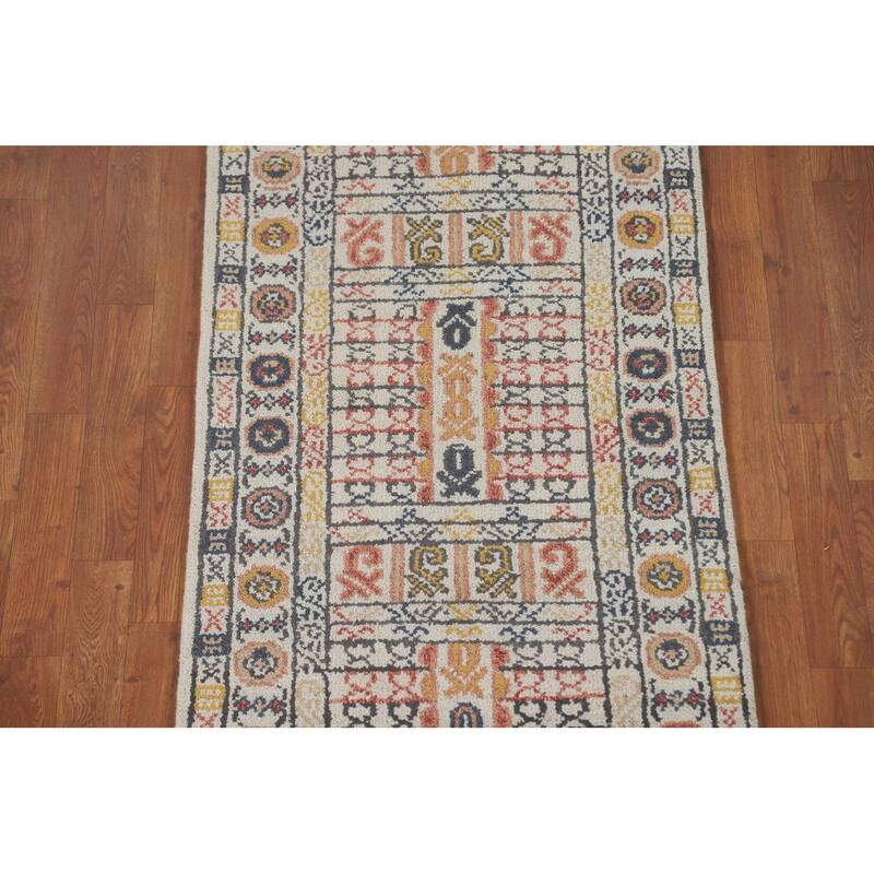 Geometric Khotan Oriental Runner Rug Hand-Knotted Wool Carpet - 2'6" x 8'0"