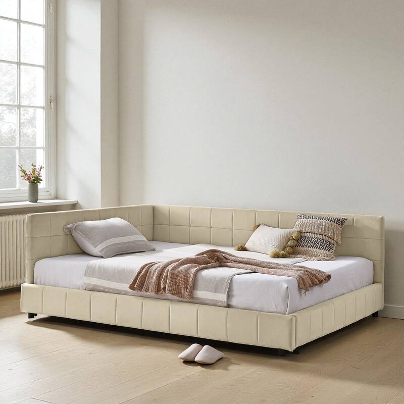 Full Size Velvet Upholstered Tufted Daybed Frame with Backrest and Armrest, Mid-Century Sofa Bed for Bedroom or Living Room - Beige - Full