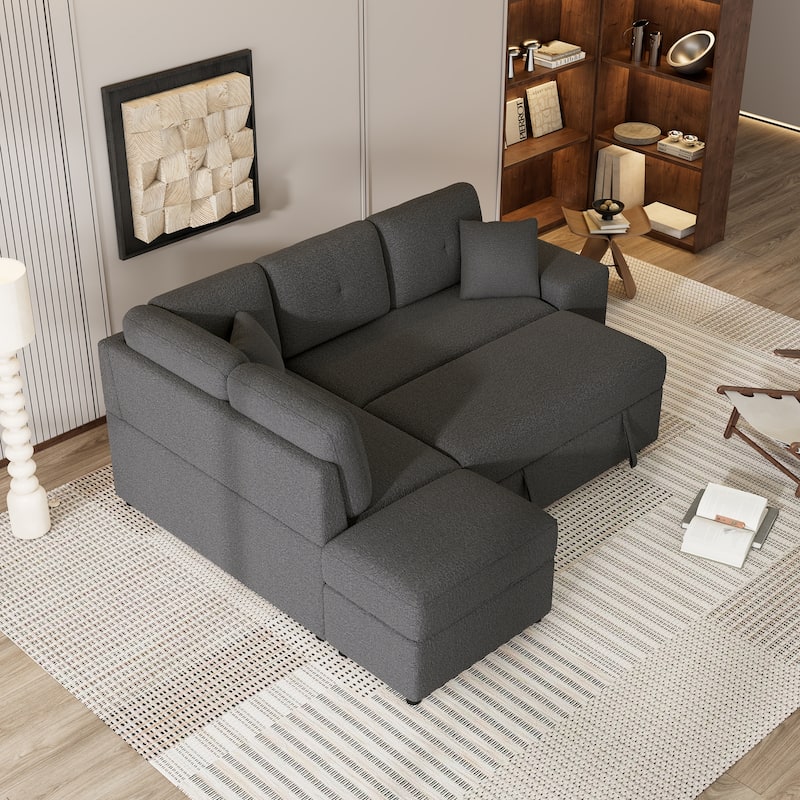 87.70" Chenille Sectional Sofa Bed with Wireless Charger and USB Ports