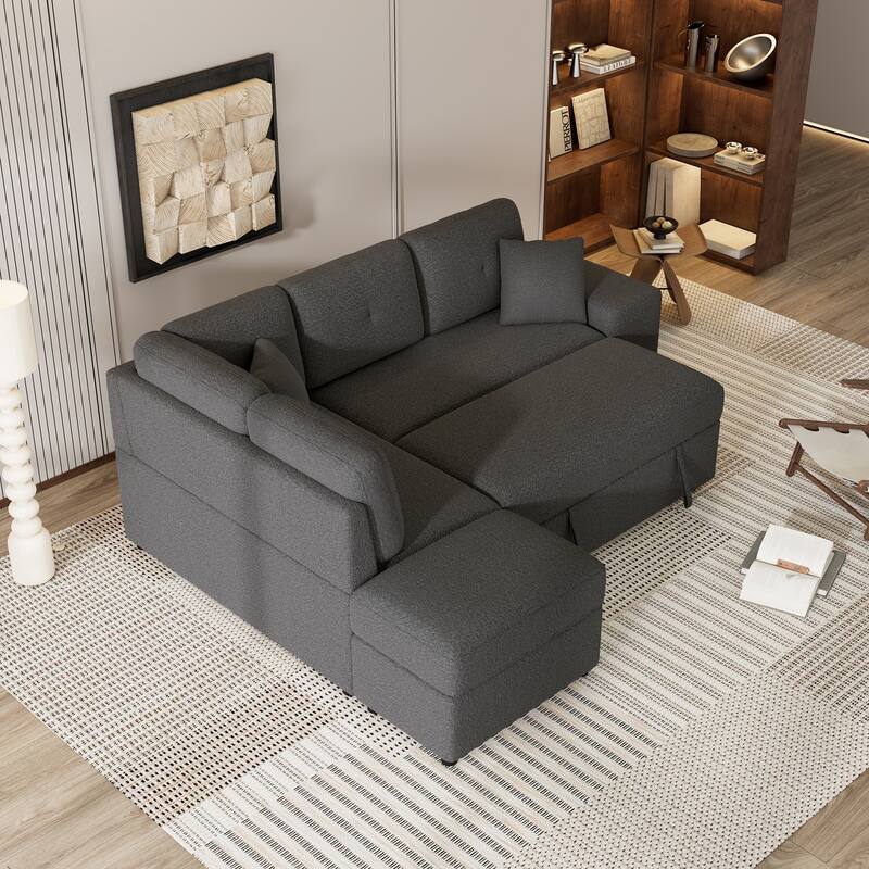 Convertible Sleeper,Sectional Pull Out Sofa Bed with Storage Ottoman,2 Throw Pillows,2 Stools,Dark Gray