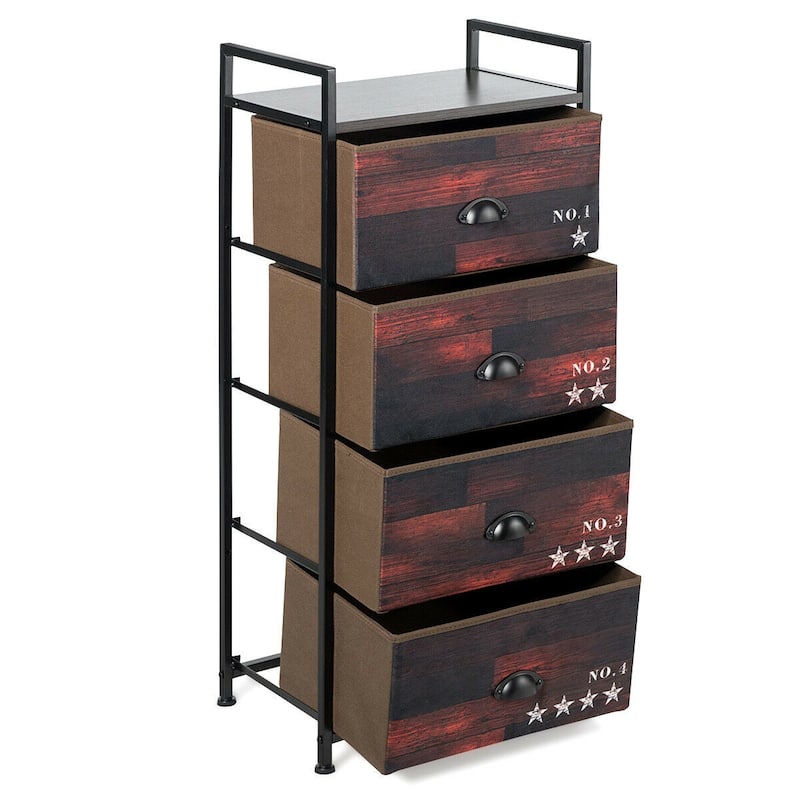 Dark Brown Fabric 4-Drawer Storage Tower with Metal Frame MDF Top and Adjustable Feet for Bedroom Closet or Office