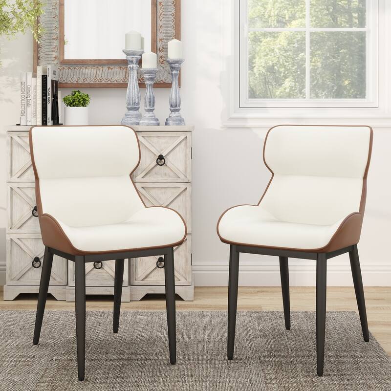 Set of 2 PU Upholstered Dining Chairs Modern Solid Back Chairs with Black Metal Legs