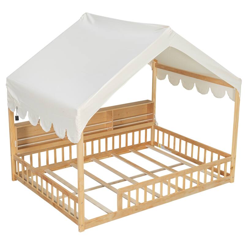 GDFStudio - Solid Wood Full Size House Floor Bed with Storage Shelves and LED