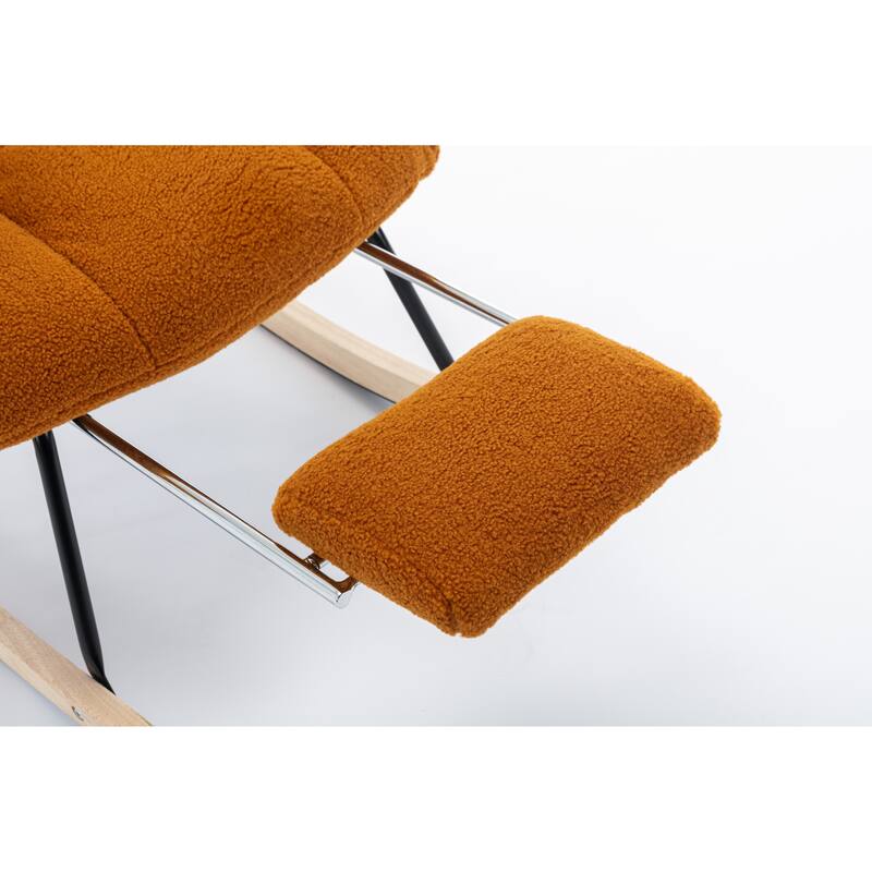 High Backrest Nursery Rocking Chair, Teddy Upholstered Glider Chair with Footrest, Recliner Chair with Solid Wood Legs