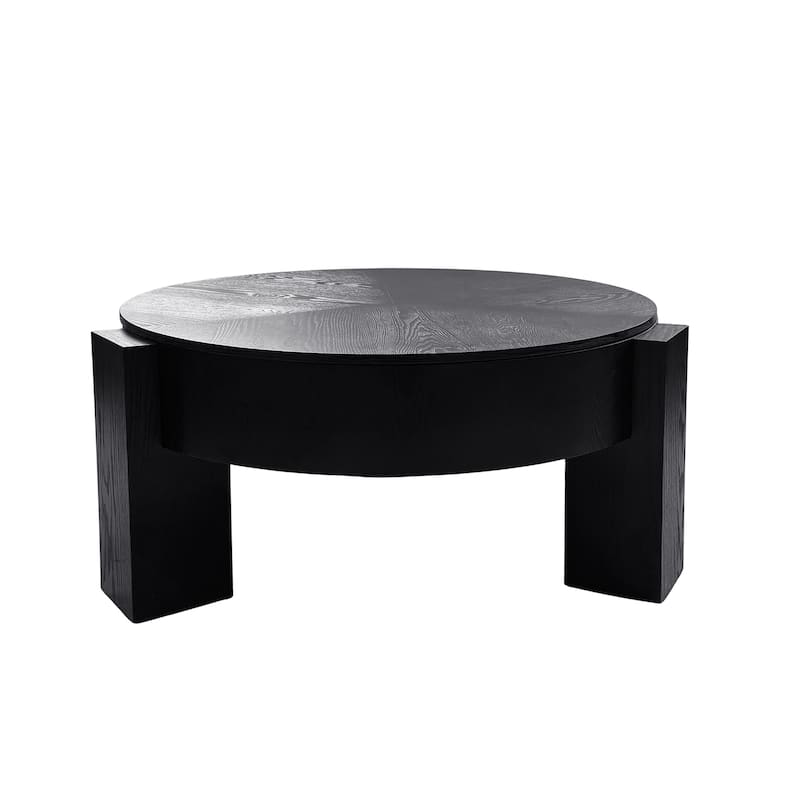 33" Round Coffee Table with Hidden Storage, Parquet Veneer Top Table, 3 Block Legs Sturdy Center Accent Table for Living Room