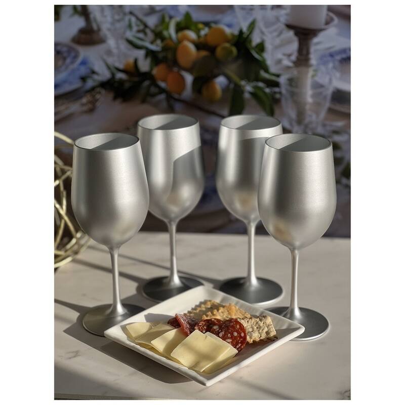 Metallic Silver Color Plastic Wine Glasses Set of 4 (12oz), BPA Free Acrylic Wine Glass Set Unbreakable