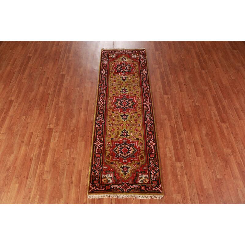 Hand Knotted Oriental 100% Wool Carpet Traditional Geometric Yellow & Gold Heriz (serapi) Runner Rug - 7' 11'' X 2' 7''