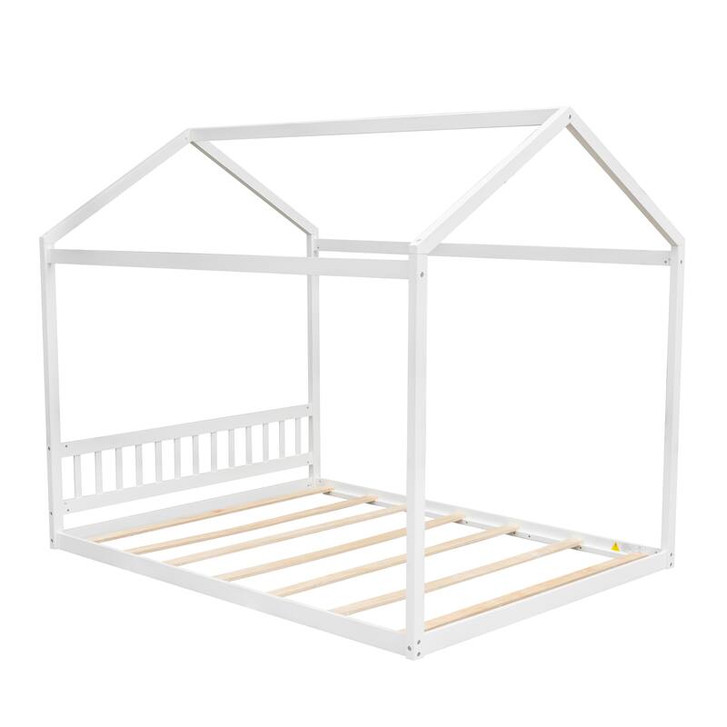 White Queen Size House-Shaped Wooden Bed with Headboard