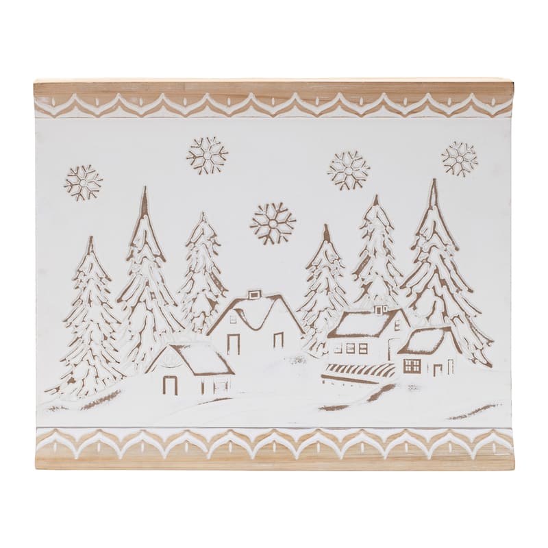 HomeRoots 16" X 19" Natural And White Winter Village Christmas Trees Hanging Wall Decor