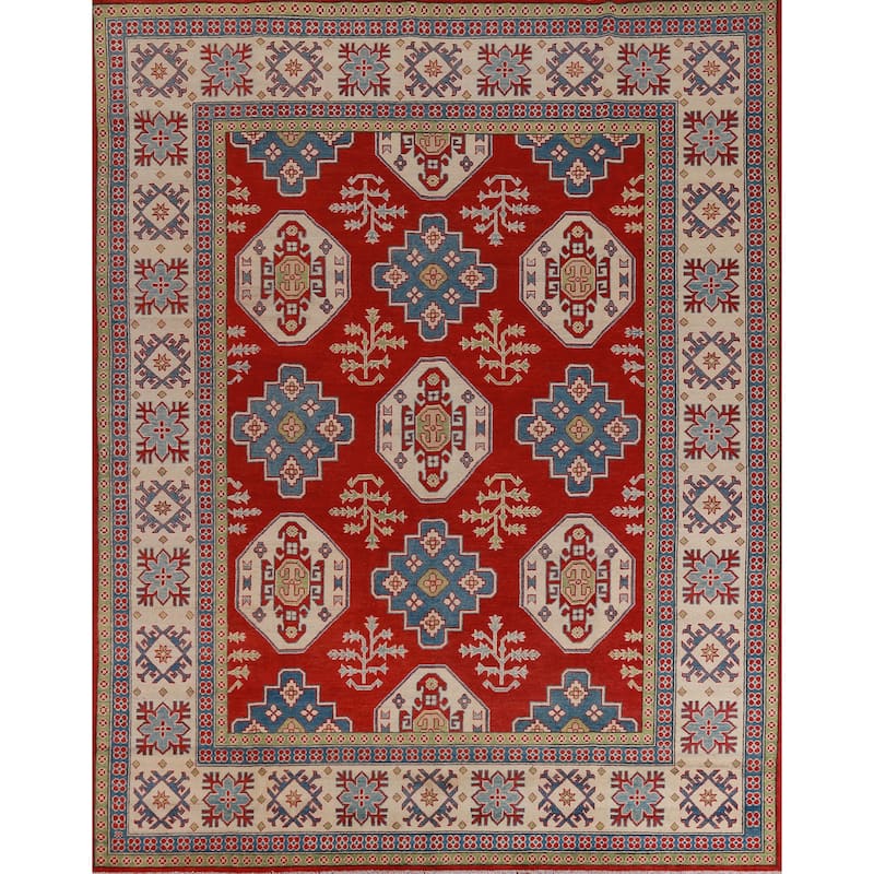 Hand Knotted Oriental 100% Wool Carpet Traditional Geometric Red Kazak Area Rug - 9' 6'' X 8' 0''