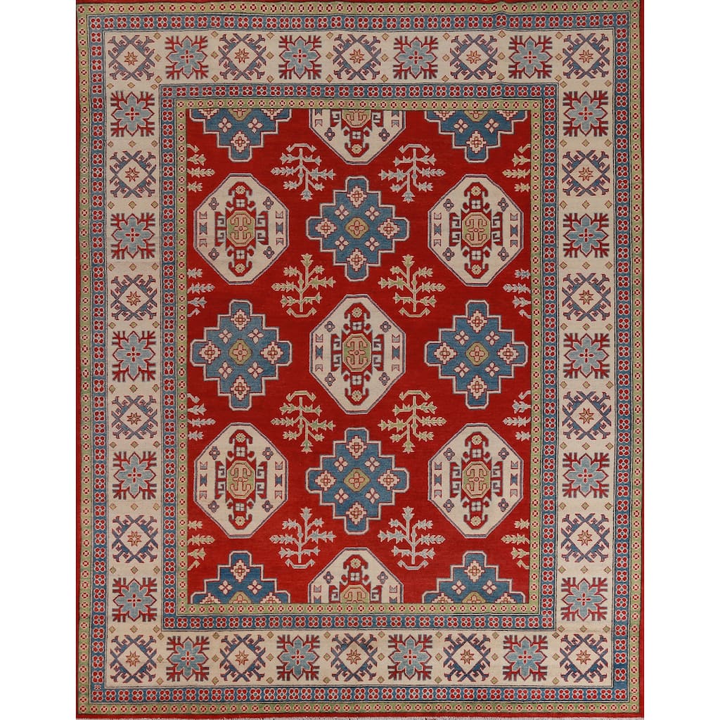 Hand Knotted Oriental 100% Wool Carpet Traditional Geometric Red Kazak Area Rug - 9' 6'' X 8' 0''